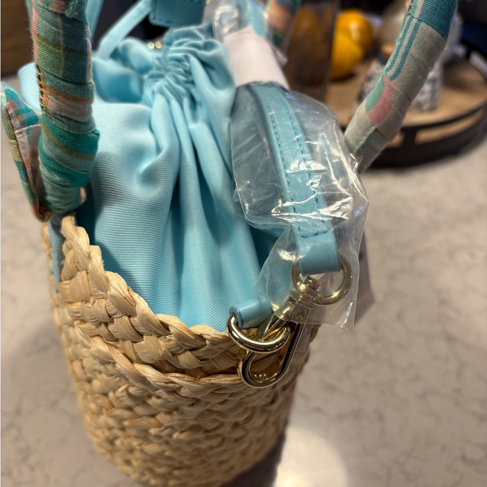 Talbots MADRAS SCARF HANDLE STRAW TOTE, spring Straw Purse, corn blue purse - Picture 4 of 6